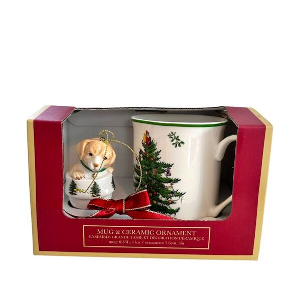Spode Christmas Tree Mug and Puppy In Boot Ceramic Ornament Set In Box New - Picture 5 of 11